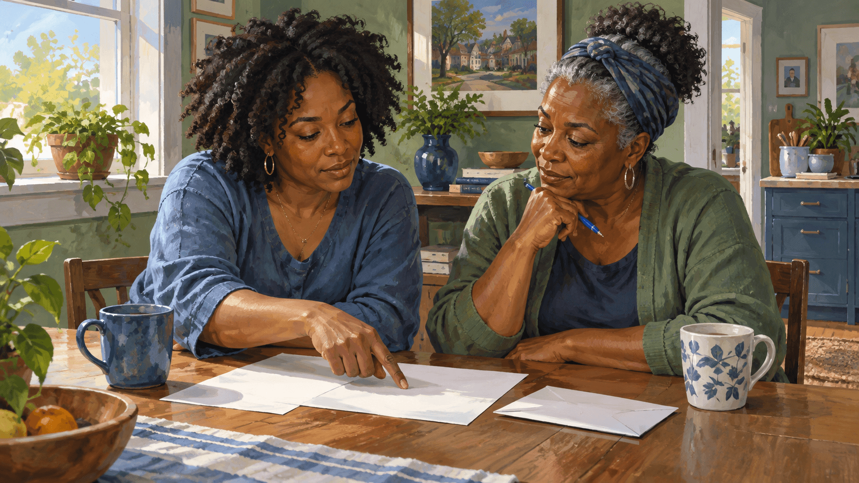 Illustration of two women considering papers together at a kitchen table.
