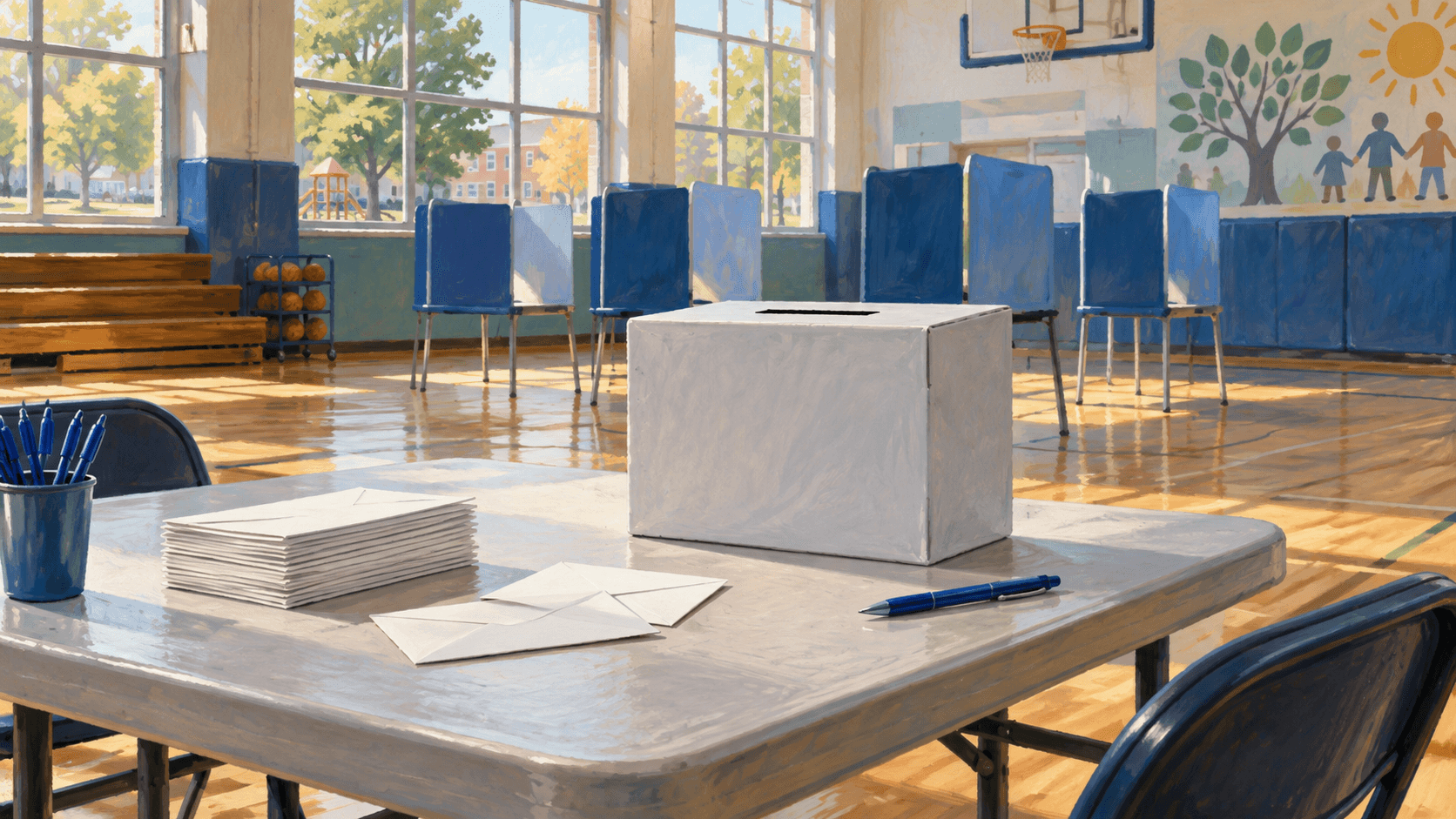 Illustration of a ballot box, envelopes and blue privacy booths in a sunlit school gym.