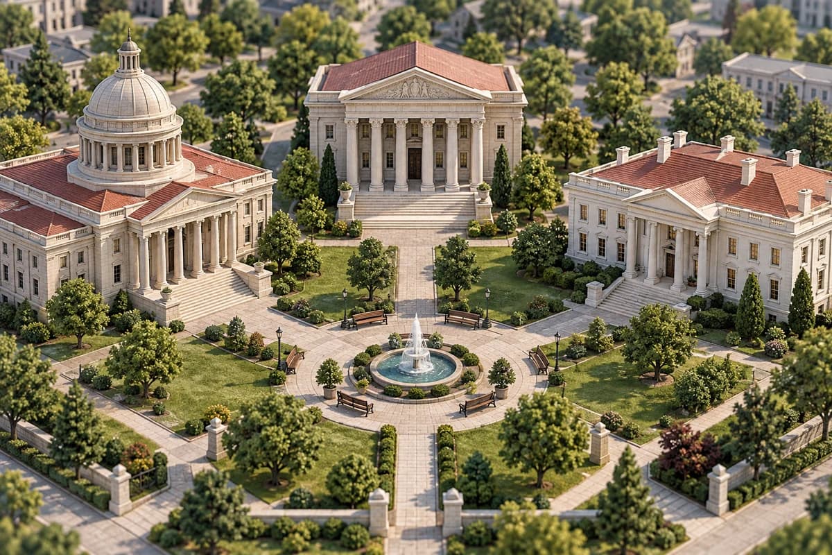 Concept illustration: legislative, judicial, and executive buildings arranged around a shared public square.