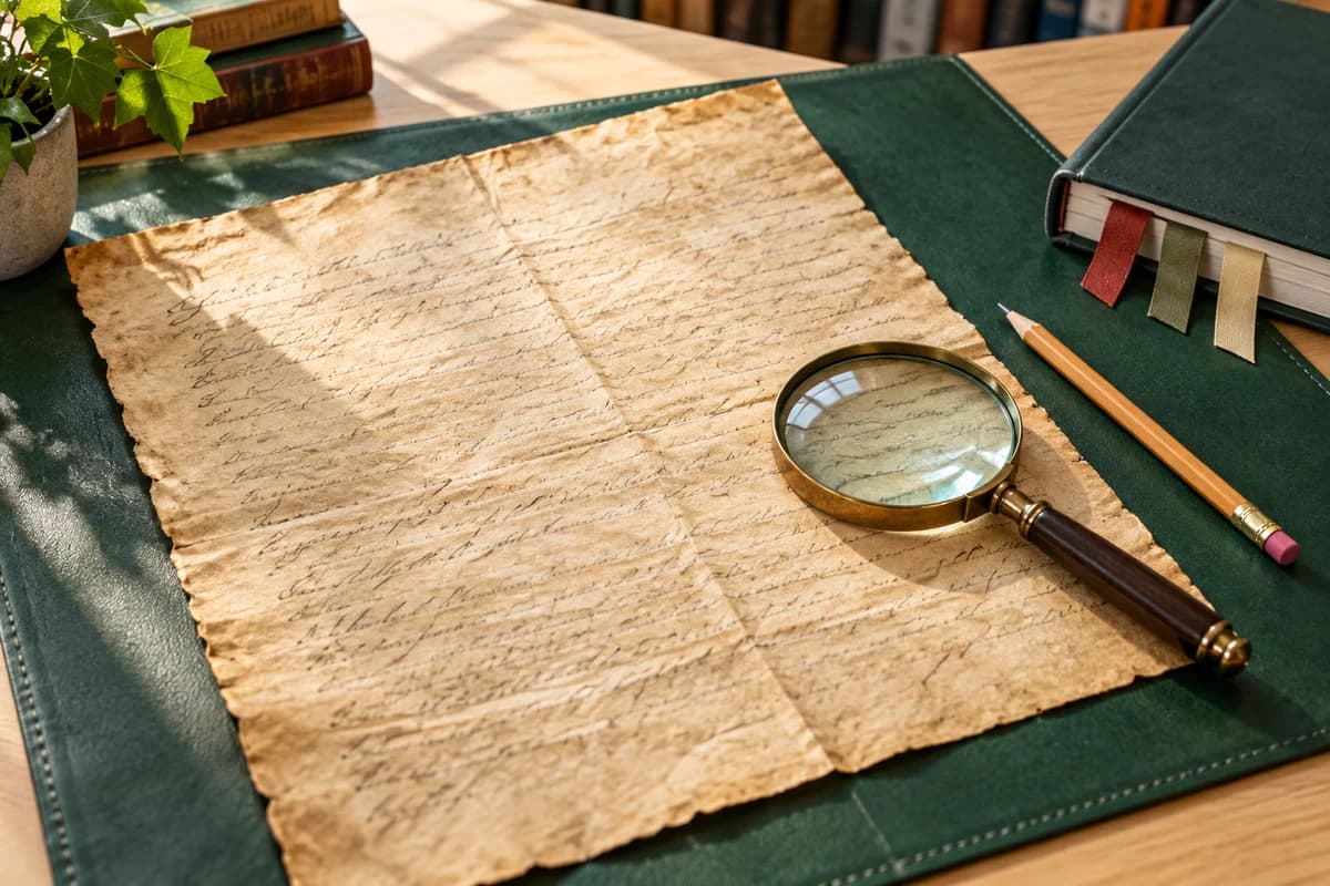 Concept illustration: a parchment, magnifying glass, and notebook represent studying the Constitution.