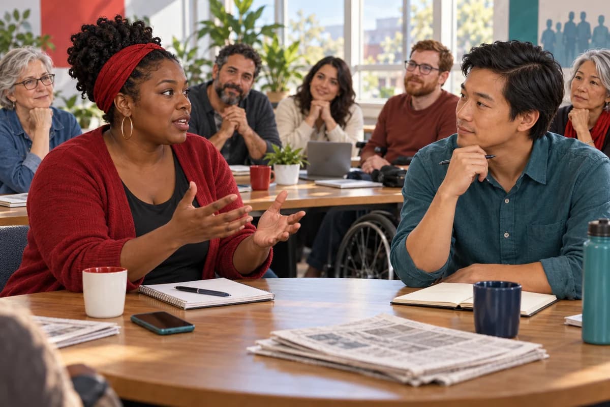 Concept illustration: neighbors discuss civic questions around a community table.