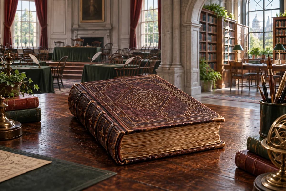 Concept illustration: a mysterious book connects a library with a historical assembly room.
