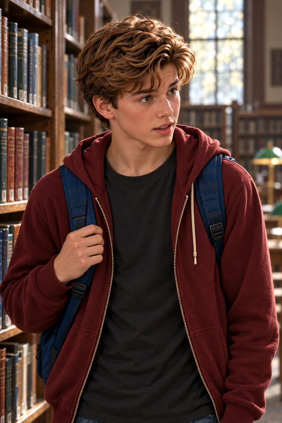 A second original illustration of Alex, noticing something in the library.