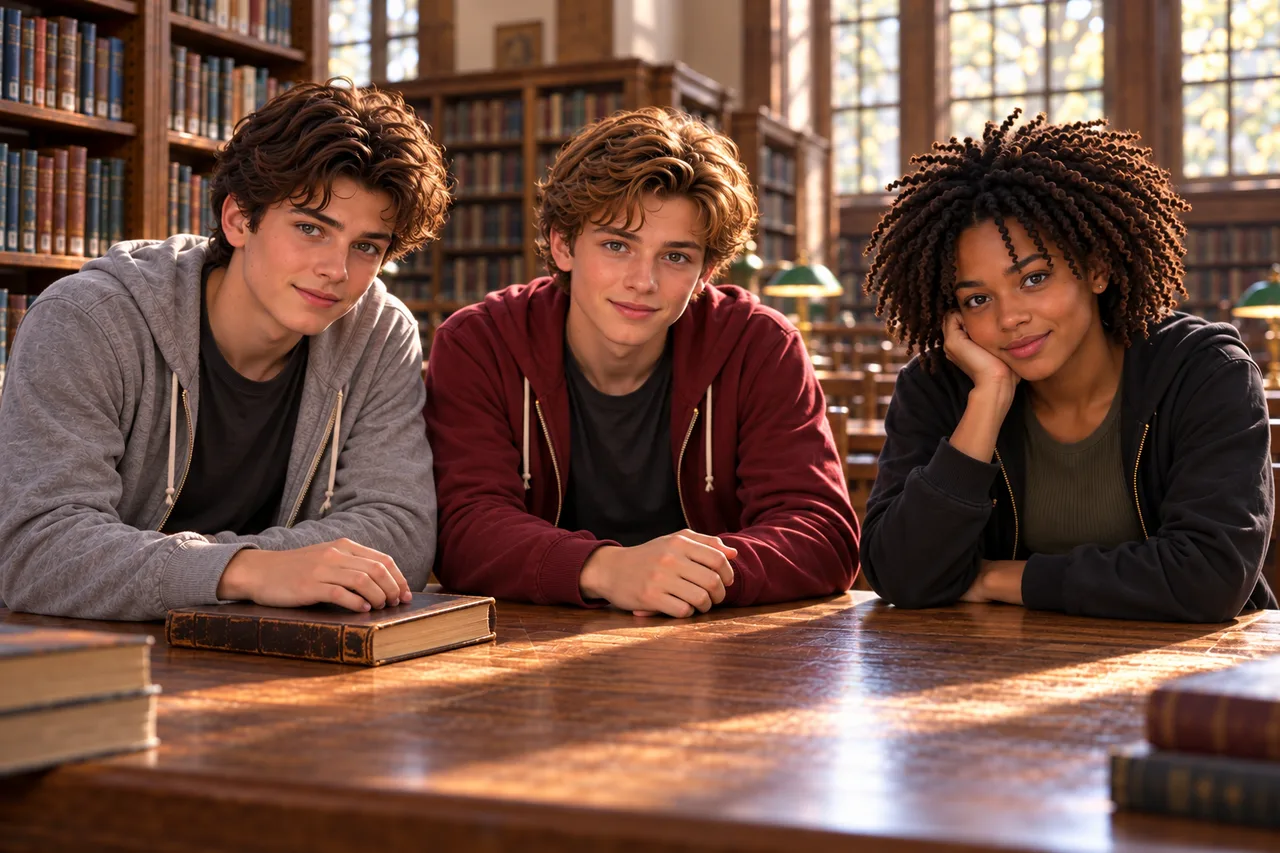 Roman, Alex and Kali look toward the reader together at a library table in an original fictional illustration.