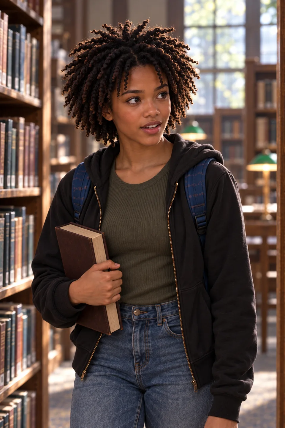 A second original illustration of Kali, noticing something in the library.