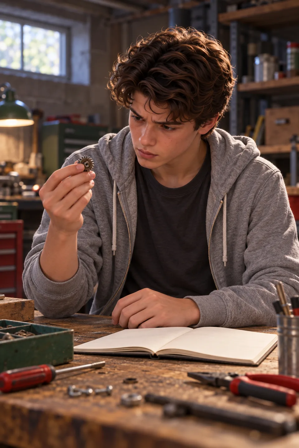 A second original illustration of Roman, studying a small mechanical part at a workbench.