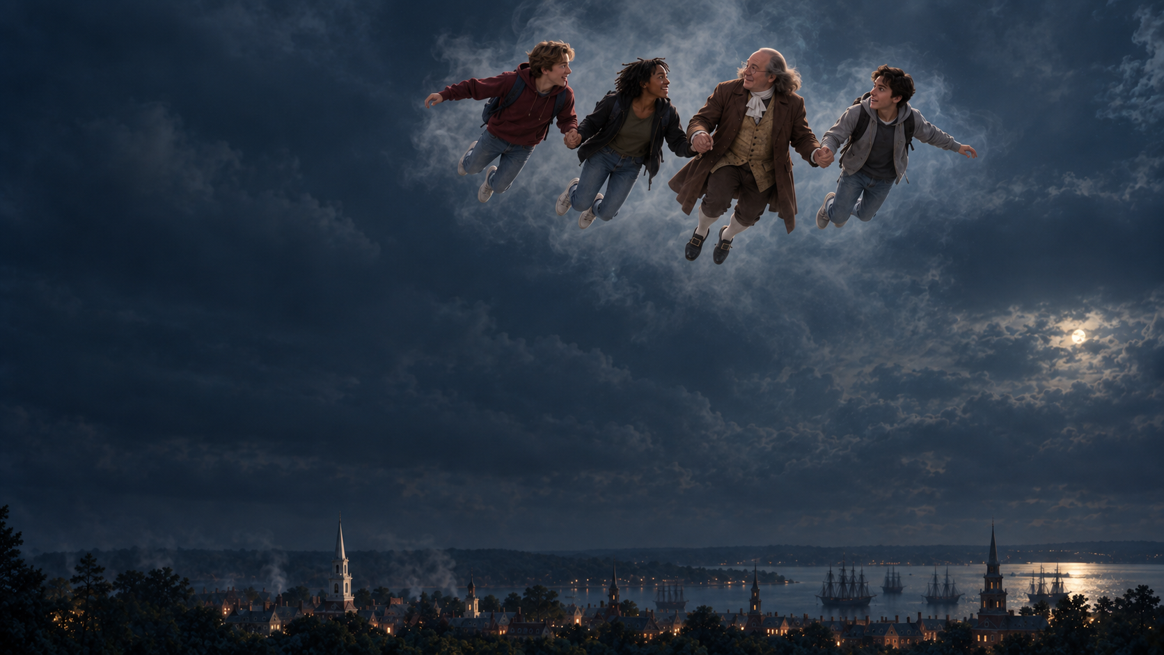 An imagined scene of Alex, Kali, Roman, and Benjamin Franklin flying together above a moonlit town.