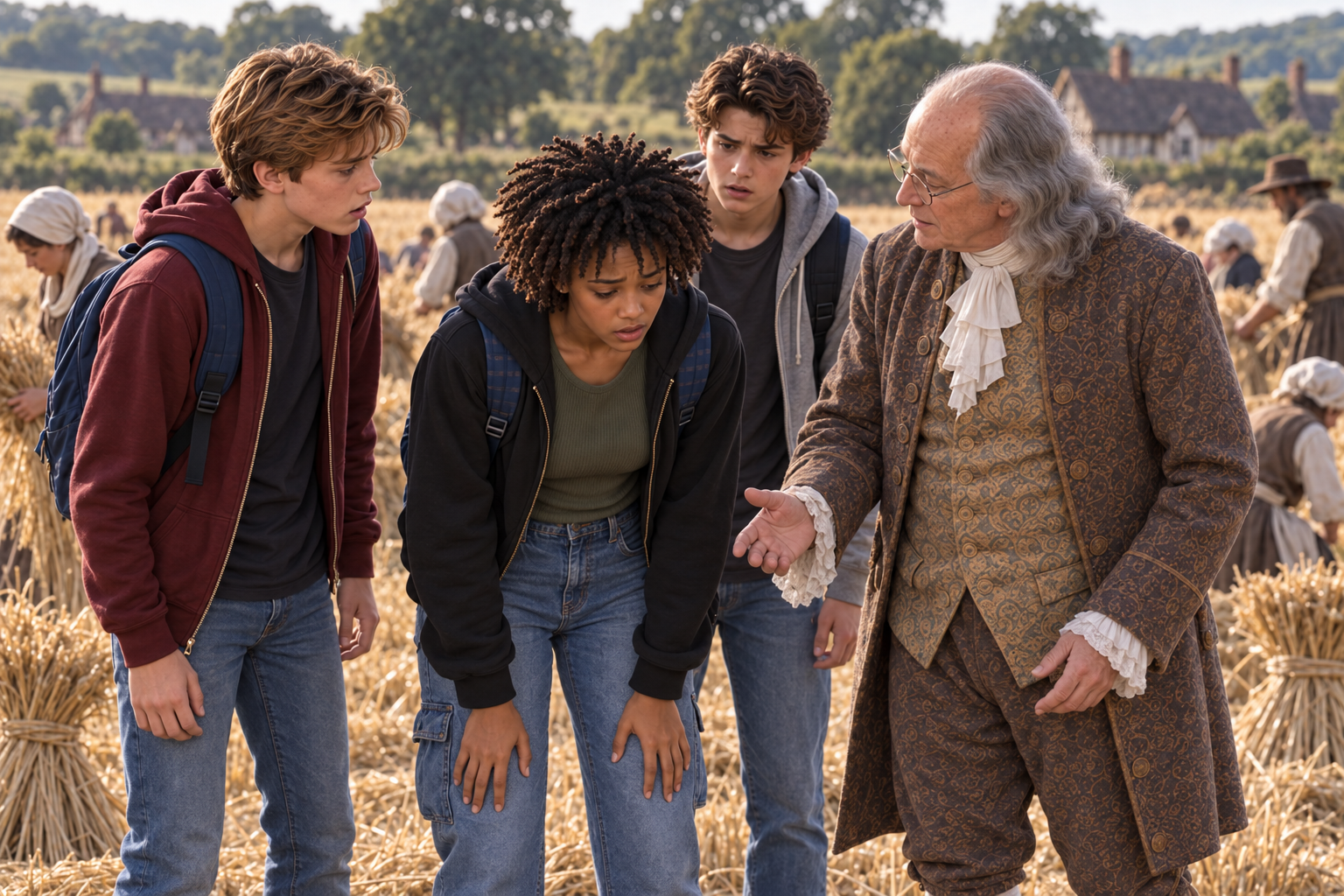A fictional scene adaptation: Kali reacts to the field encounter while Alex, Roman, and Benjamin Franklin look on.