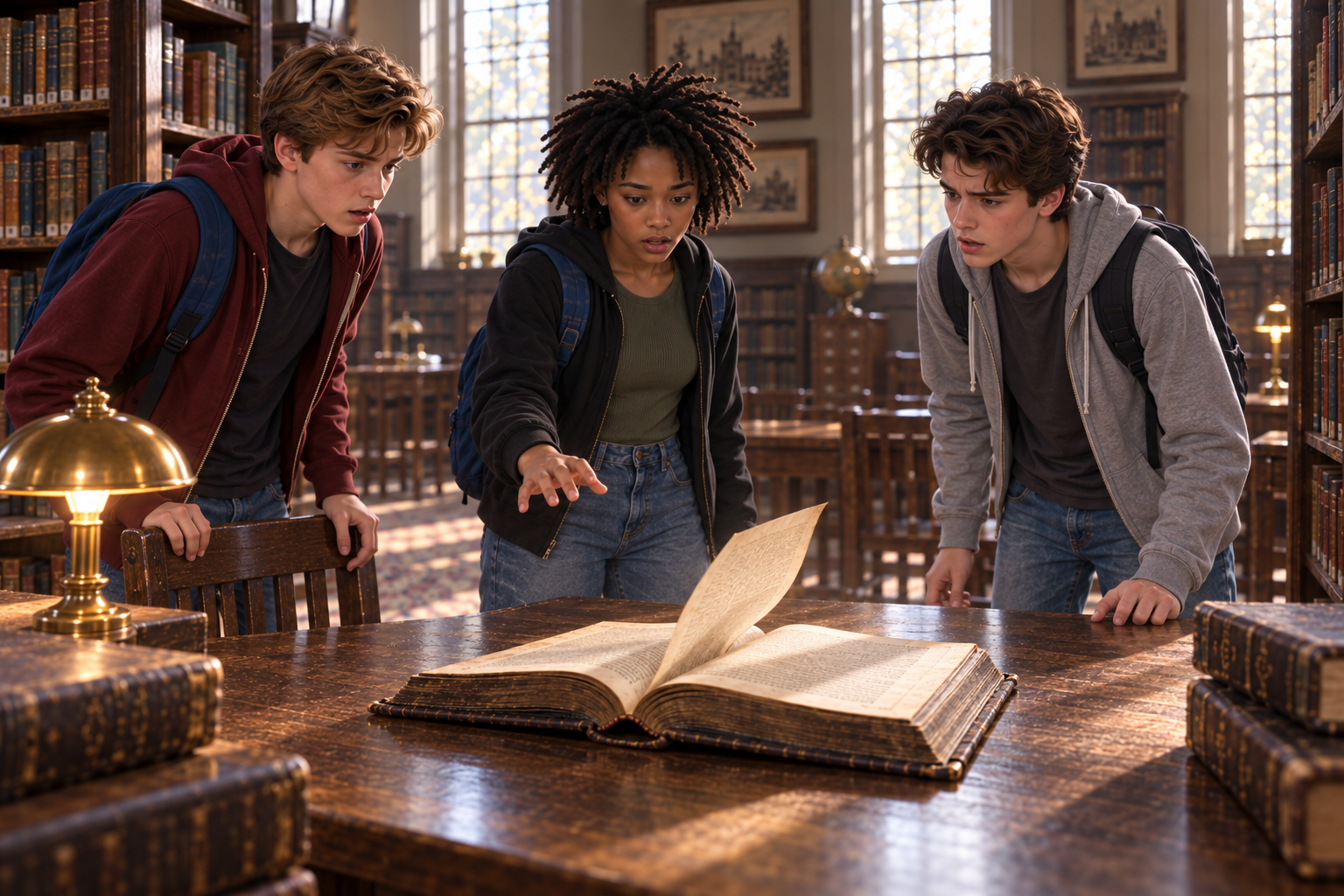 A fictional scene adaptation: Alex, Kali, and Roman watch The Living Constitution open in the library.