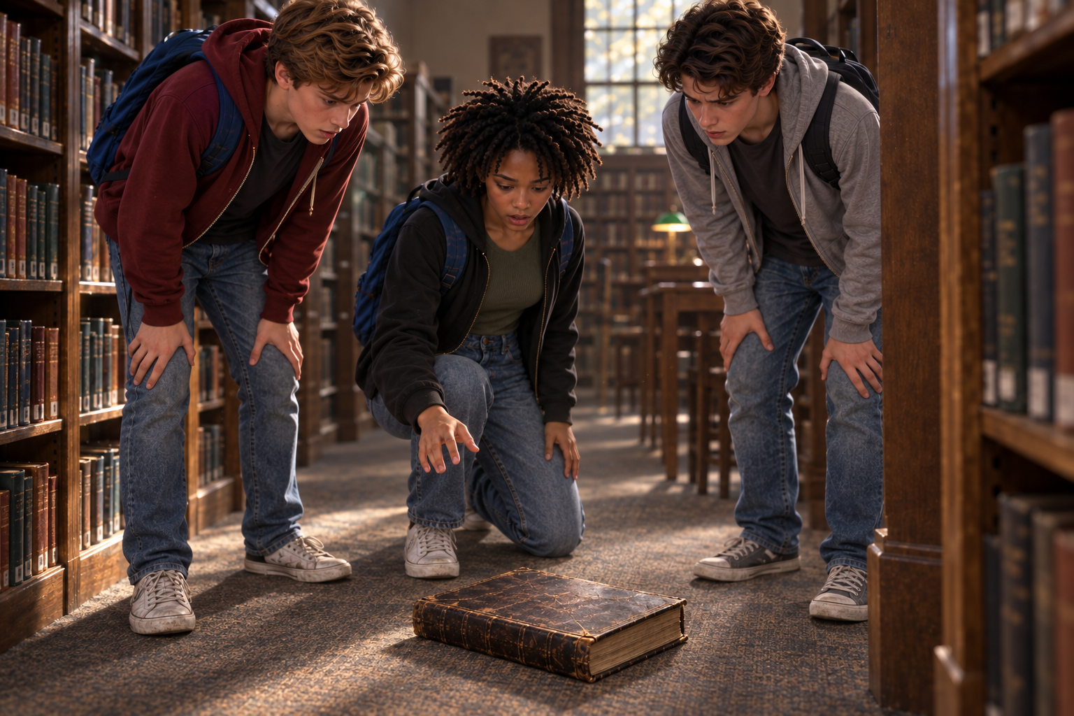 Kali and her friends discover a closed, worn leather book on the library annex floor.