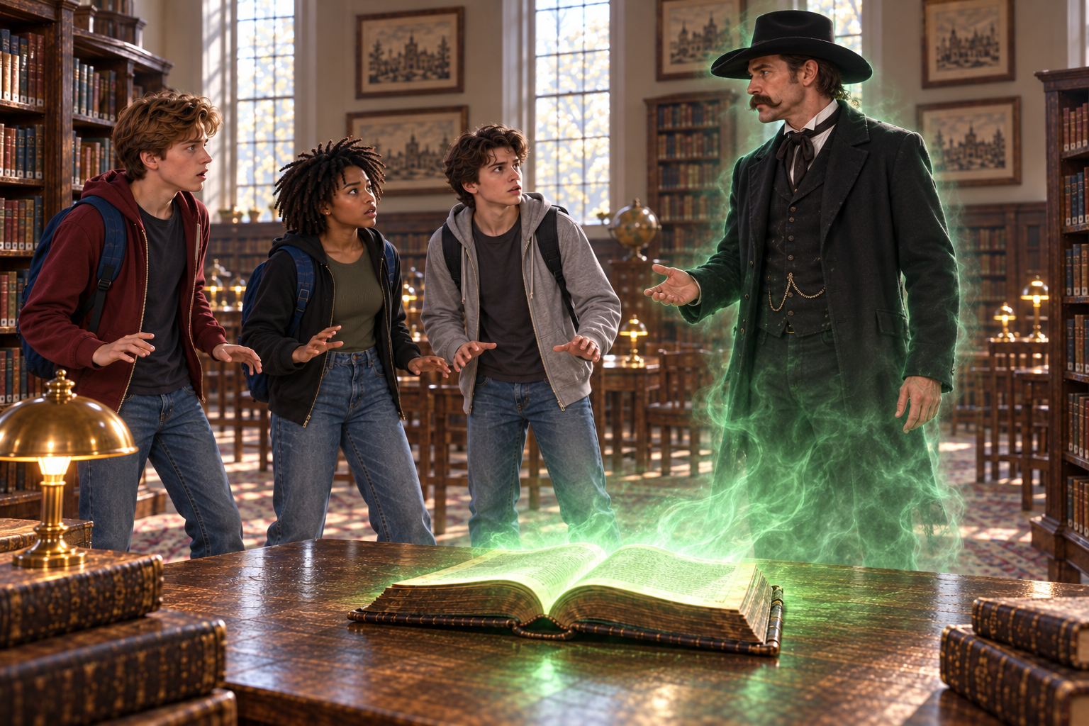 Wyatt Earp appears in green light from the book as Alex, Kali and Roman watch in the library.